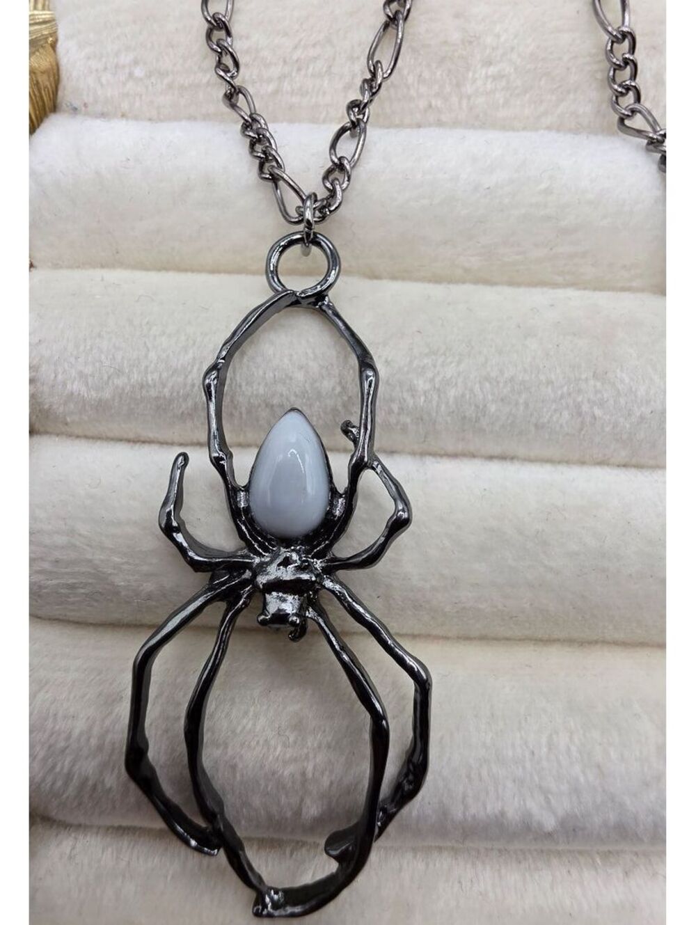 Silver Tone Spider Pendant Necklace with White Stone Accent